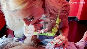 Sloppy cum slut deepthroats big cock pov