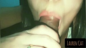 the brunette teen babe bound in bondage deepthroats and makes him cum with just the tip.