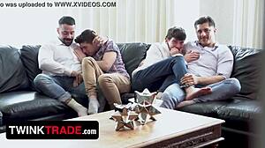 Naughty twinks plot to seduce and swap stepdaddies in wild movie night orgy.