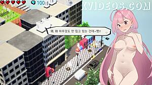 Hazuka Shiina wanders naked as a female college student in the game gallery, feeling vulnerable and exposed.