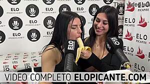 mielcita and almendra sucking banana with cream, swallowing it all, damn!
