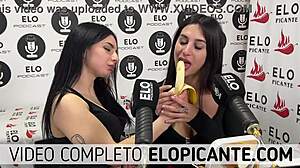 mielcita and almendra sucking banana with cream, swallowing it all, damn!