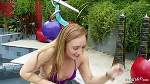 i watch redhead and blonde teens have first lesbian sex in pool