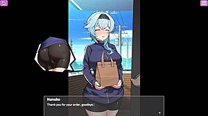 exposed busty delivery worker plays with big tits and toys in hentai anime sex game