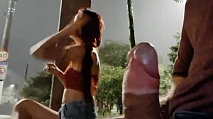 Risky public handjob at bus stop