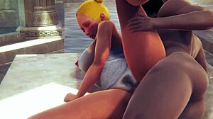 Anime hentai girl in bath costume gets doggystyle creampie