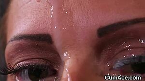 Wacky stunner gulps cumshot on face