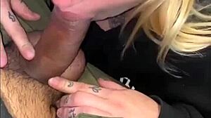 Tattooed latina in thong performs sloppy deepthroat blowjob and swallows everything.