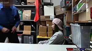 Security guard catches petite 18+ brunette teen stealing from the shop, leading to a blowjob in the back room.