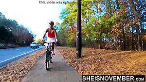 Public Nudity Ebony Babe Rides Bicycle with Upskirt Booty