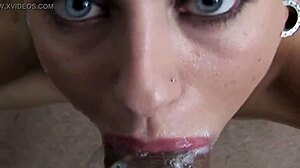 Sloppy deepthroat blowjob leads to facial cumshot for blonde Cameron Canada.