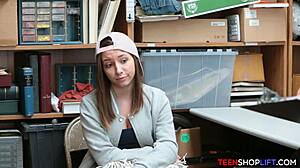 Security guard catches petite 18+ brunette teen stealing from the shop, leading to a blowjob in the back room.