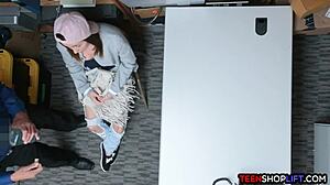 Security guard catches petite 18+ brunette teen stealing from the shop, leading to a blowjob in the back room.