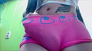 Transsexual Babe in Pink Undies Masturbating Close-Up on Cam