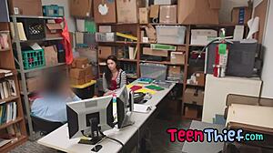 Hot teen thief gets punished by security guard in the garage with hardcore action.