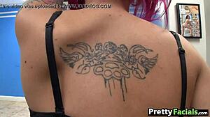 girl with pink hair gets a cum facial