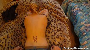 Teen 18+ Christina with glasses gets her shaved pussy fucked hard after jerking off and blowjob leading to cum.