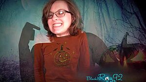 Brunette in Stockings Gives Demon Head on Halloween