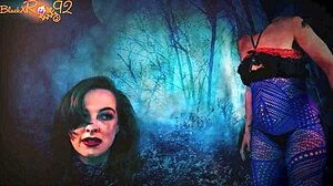 Brunette in Stockings Gives Demon Head on Halloween