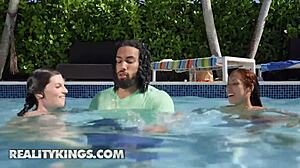 delivery guy james angel catches kira perez and fiona frost getting naughty by the pool. reality kings strikes again!