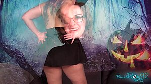 Brunette in Stockings Gives Demon Head on Halloween