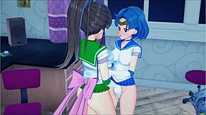 Sailor Jupiter fucks Sailor Mercury with strapon doggystyle.