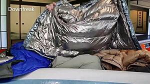 20 down jackets soaked in inflatable pool  