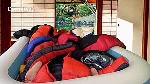 20 down jackets soaked in inflatable pool  