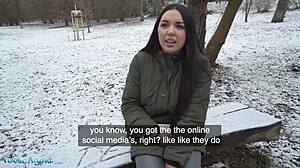 Public agent spots Spanish brunette flashing big natural tits in snowy outdoors