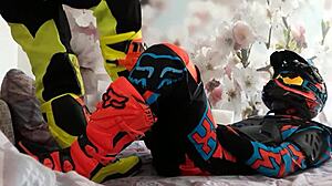 Motocross Rider In Costume Treads Boots In Gay Scene