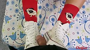 Girlfriend Seduces With Shoes And Red Socks For Footjob Cumshot