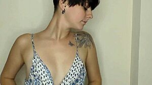 Hey, big tits brunette babe cleans house with downblouse on!