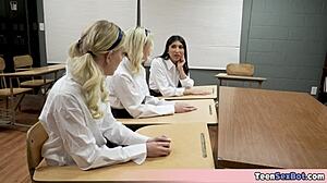 Three petite pupils offer tight pussies to the stunned lucky teacher