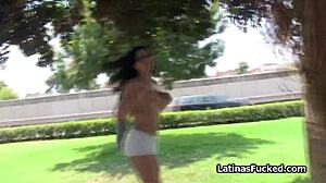 busty latina flashes while getting throat and pussy fucked hard