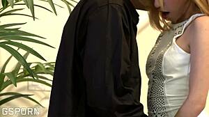 sexy blonde fucks boyfriend on stairs