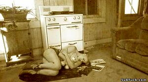 Busty trimmed blonde bound for intense gangbang action