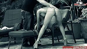 Busty blonde feels seduced by the pool