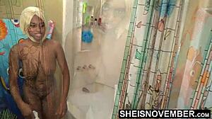 Ebony Babe Undresses From Swimsuit In Bathroom Close-Up