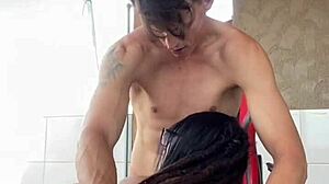 Tattooed Teen 18+ Babe Bent Over For Doggystyle Blowjob On Balcony, Drinks All Cum