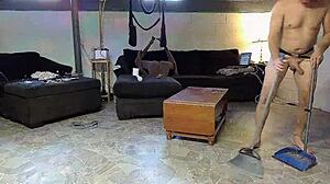 Horny gay nudist cleans house barefoot on beach while masturbating with anal toys