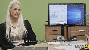 Pervert guy intensely fucks busty blonde for cash at office.