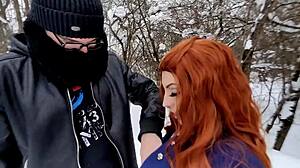 She Flashed Breasts in Winter Park and Teased Cock with Juicy Lips