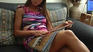 Young teen masturbates with dildo in classroom after magazine