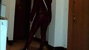 Leather catsuit or pantyhose with miniskirt