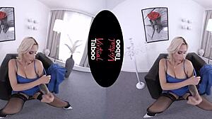 Blonde with big tits masturbating shaved pussy at office desk