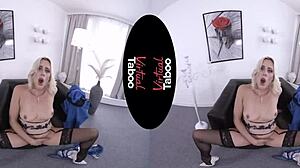 Blonde with big tits masturbating shaved pussy at office desk