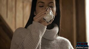 Watch this brunette babe striptease outdoors