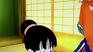 Chichi says, 'Watch me fuck Goku and Gohan in this hentai.'