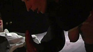 Does an innocent blonde honey get double penetrated by masked hunks?