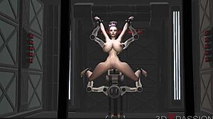 Feeling extreme emotions as this sexy brunette in cuffs gets fucked by big black cock in sci-fi lab